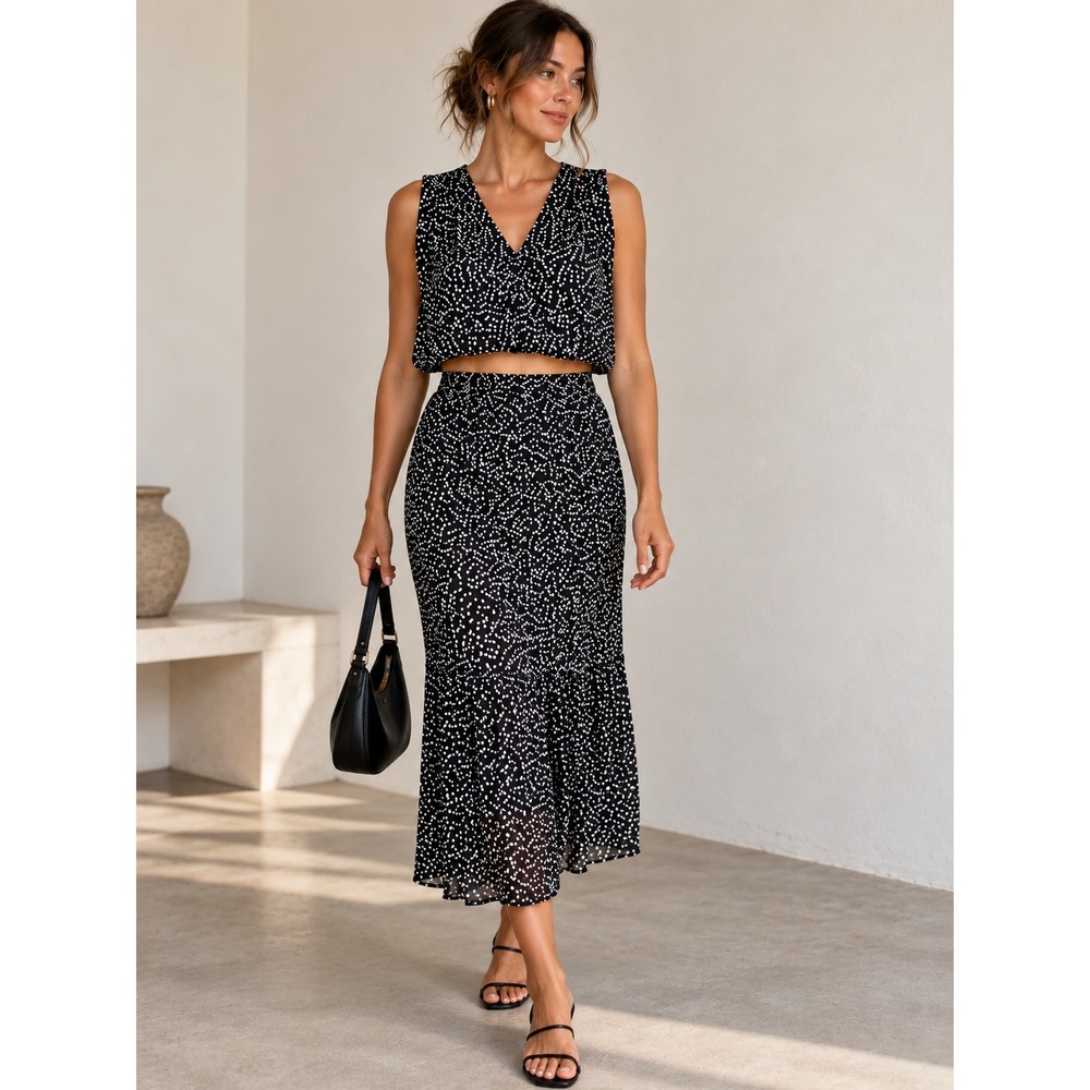 WD.NY White Black Polka Dot Pleated Midi Skirt Set M Feminine Romantic Chic